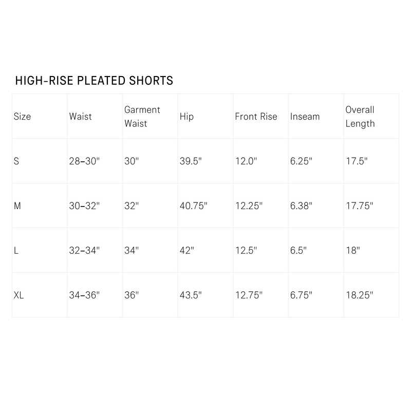 Size Guide for High-rise Pleated Shorts