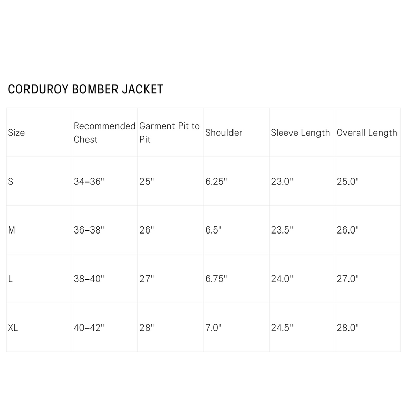 Size Guide for Corduroy Bomber Jacket