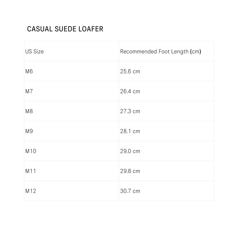 Size Guide for Casual Suede Loafer