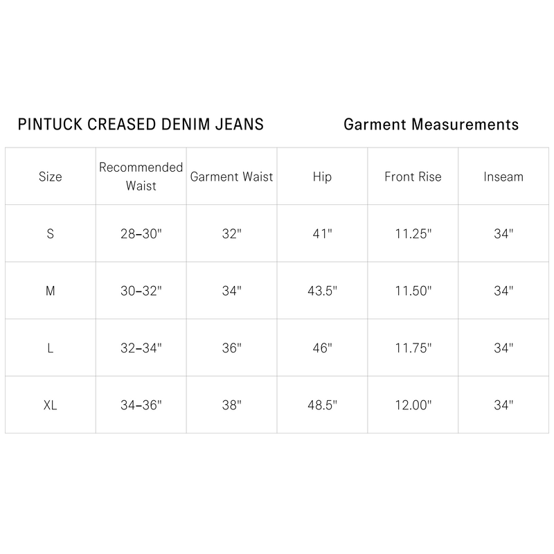 Size Guide for Pintuck Creased Denim Jeans